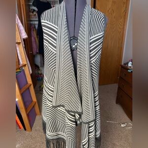 Celtic Ranchwear Black & Tan stripe Knit vest Fringe Kimono. One Size Very Soft